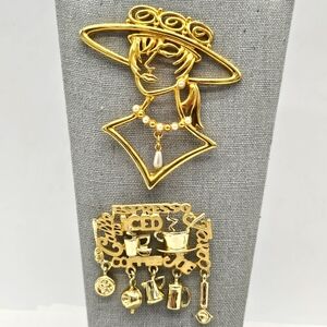 Vintage J.J. & Dancraft Signed Brooch Pin Lot Coffee Cups Joe Lady Wide Brim Hat